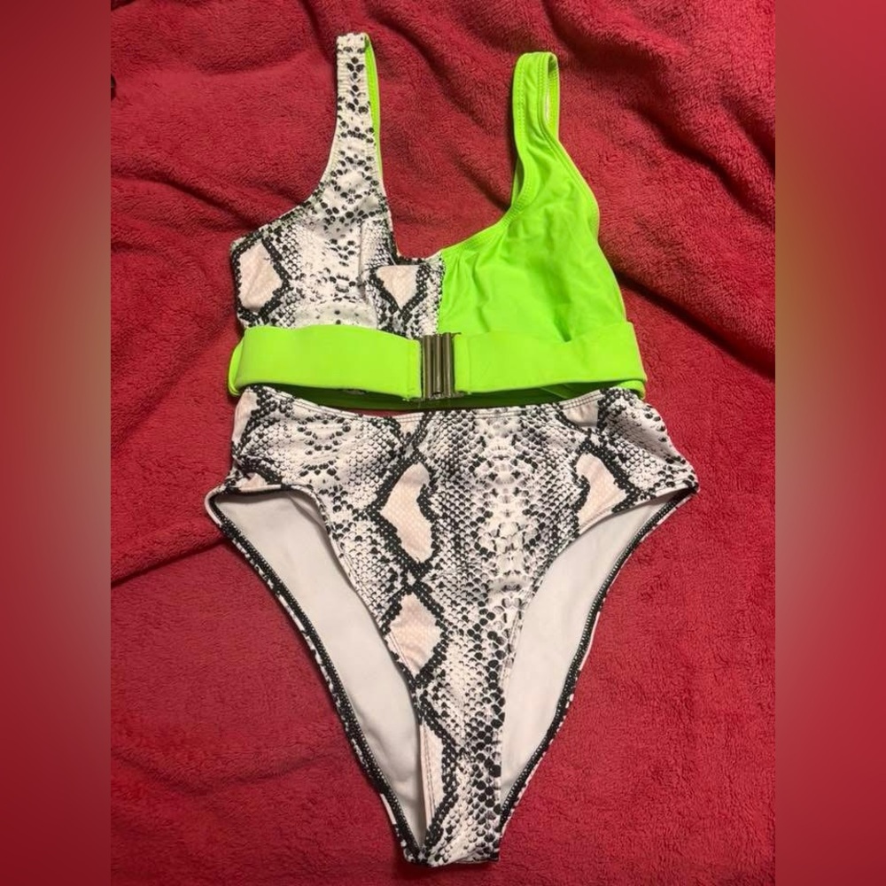 Snakeskin and Neon Green Two-Piece Swimsuit